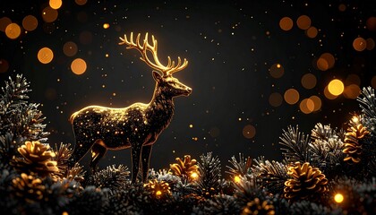 Golden Stag: A captivating image showcases a majestic golden stag amidst a twinkling festive setting, exuding an air of enchantment. 