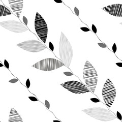 Monochrome seamless pattern of abstract leaves. Vector. Nature background.  Perfect for design templates, wallpaper, wrapping, fabric, print and textile.