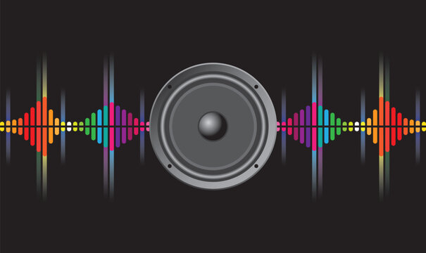 Audio speaker vibrating with colorful sound waves equalizer