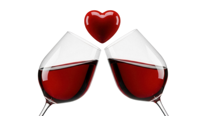 Two red wine glasses with heart shape isolated on transparent background, romantic celebration PNG for Valentine s Day and anniversary