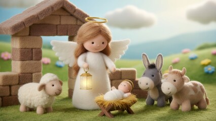 Obraz premium Nativity scene made of knitted wool with an angel holding a lantern and baby Jesus in a manger. Religious Christmas decoration for Holiday season.