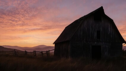 A weathered wooden structure silhouetted against a vibrant sunset over rolling hills