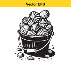 Bucket full of assorted seashells, beach ocean summer vector art