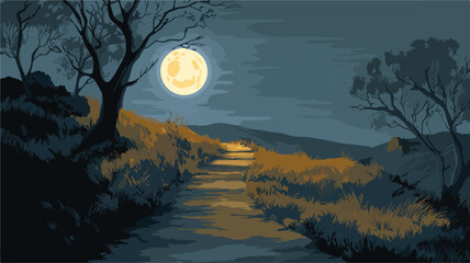 Enchanting Path in Moonlit Night: Vector Illustration with Full Moon in Background