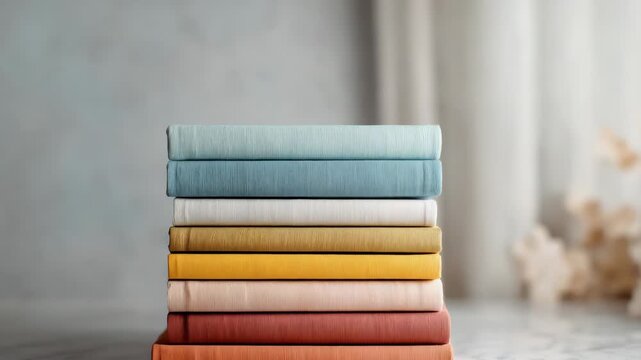 Stack Of Hardcover Books With Pastel Cover Colors And Subtle Texture On Marble Surface With Soft Studio Lighting And Neutral Backdrop For Education Related Resources