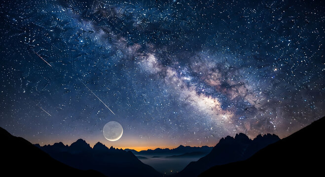 Vast milky way galaxy arches across a clear night sky above silhouetted mountains and crescent moon - Powered by Adobe