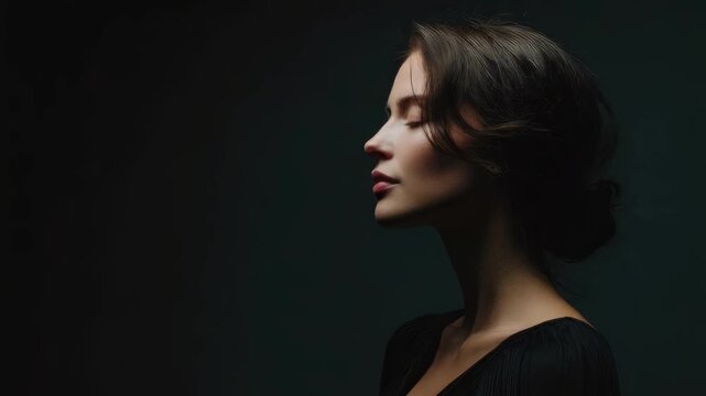 A woman in a dark dress with an elegant updo, posed in profile against a moody dark background.