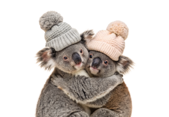 Two koalas in pastel knit caps embracing warmly together, isolated on a transparent background