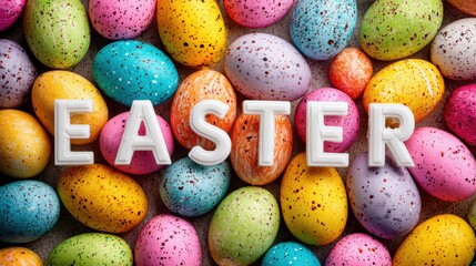 Colorful eggs fill the frame with Easter wishes written in white letters.