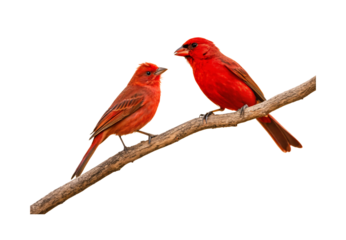 Male and female Northern Cardinals perched together on branch, isolated on a transparent background