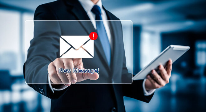 A professional in a suit interacts with a digital screen displaying an email icon with an alert and 'New Message!' text, while holding a tablet.