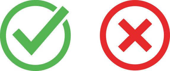 Green Check Mark Circle and Red Cross Mark Circle on White Background Flat Icons