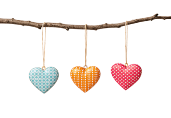 Three decorative patterned hearts suspended from curved wooden branch, isolated on a transparent background
