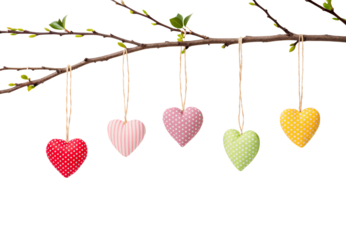 Colorful fabric hearts with patterns hanging from tree branches, isolated on a transparent background
