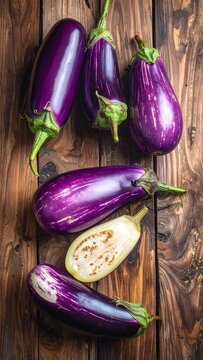 Arrangement of whole and halved eggplants on aged, dark brown wooden surface; rustic food photography