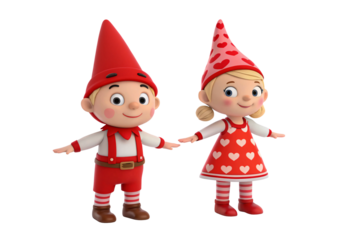 Adorable cartoon gnome couple in red and heart-patterned outfits, isolated on a transparent background