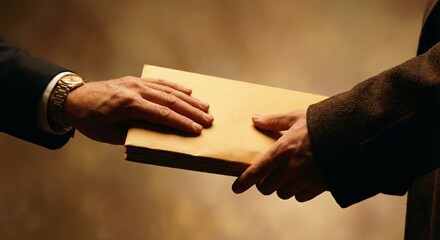 Horizontal close-up shot of an illegal business transaction where one man in a suit hands over a stack of brown envelopes containing sensitive documents or money to another man in a dark coat.