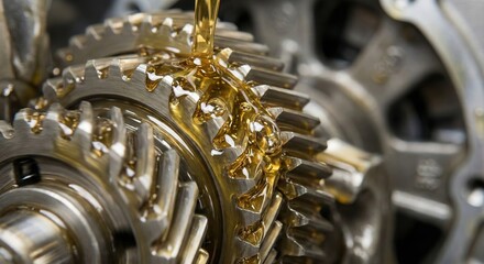 Horizontal macro shot of motor oil or engine lubricant pouring onto a set of interlocking metallic gears, symbolizing precision engineering, maintenance, and industrial lubrication.