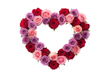 Heart-shaped wreath featuring red, pink, and purple roses combined, isolated on a transparent background