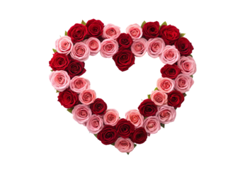 Heart-shaped wreath made of red and pink roses arranged beautifully, isolated on a transparent background