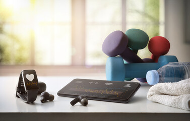 Sports activity tracking apps on phone and smartwatch at home