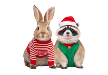 Holiday bunny in striped sweater with raccoon in Santa hat, isolated on a transparent background