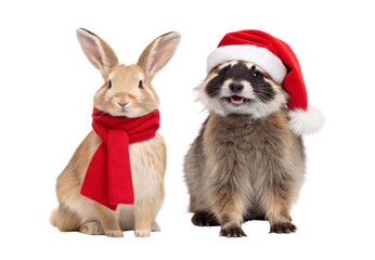 Festive rabbit and raccoon in Christmas attire, isolated on a transparent background