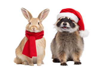 Festive rabbit and raccoon in Christmas attire, isolated on a transparent background