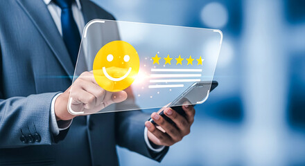 Close-up of a man in a suit using a smartphone to engage with a digital interface showing positive customer feedback, stars, and a smiley face icon.