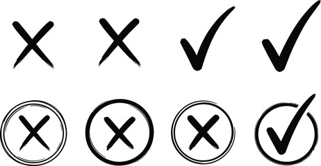 Hand Drawn Check Mark and Cross Symbols with Circle on White Background