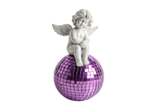 Angel figurine with outstretched wings on purple disco ball, isolated on a transparent background - Powered by Adobe