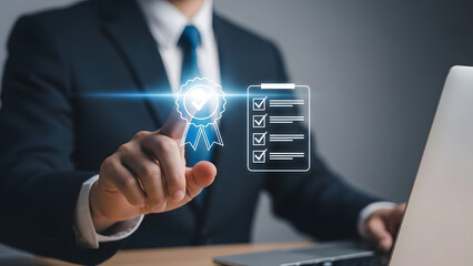 Business professional interacts with futuristic digital interface technology