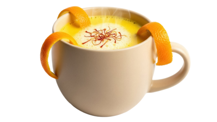 Golden milk in a mug with orange peel isolated PNG, creamy turmeric latte with saffron threads on top for healthy lifestyle