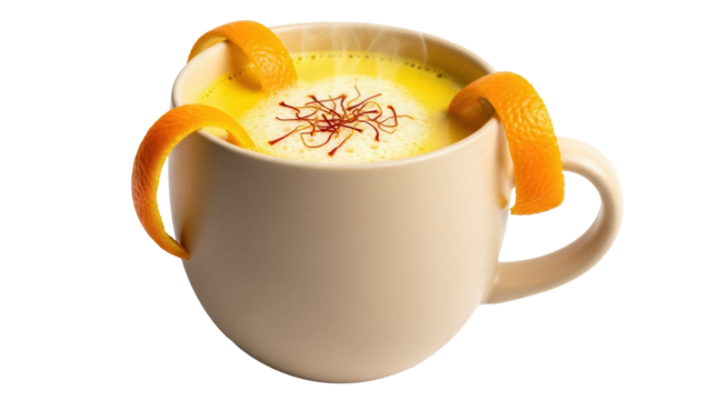 Golden milk in a mug with orange peel isolated PNG, creamy turmeric latte with saffron threads on top for healthy lifestyle