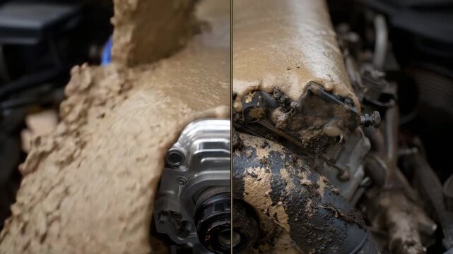 396Car engine split image in high detail, left half shiny and freshly maintained, right half grimy with oil and dirt, textures of hoses, belts, and metal captured in sharp resolution