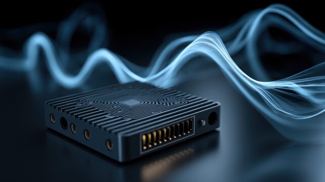A close-up of a small edge computing device, with data flowing from sensors to the device in real-time.