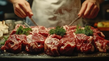In the kitchen, the chef prepares succulent cuts of meat with herbs, emphasising professionalism and the atmosphere of restaurant artistry — the perfect atmospheric backdrop for culinary blogs 