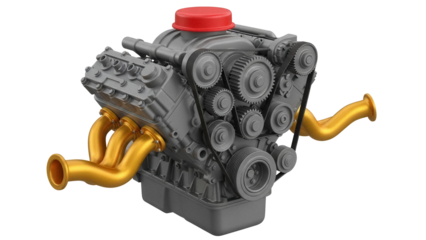 Detailed V8 engine isolated PNG, gray and gold car motor for automotive design and engineering projects on transparent background