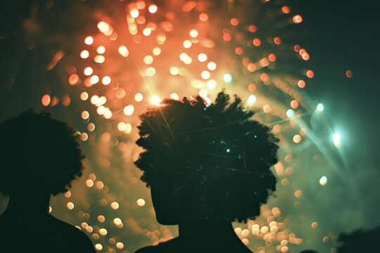 Fireworks with silhouettes of black people light outdoors night. - Powered by Adobe