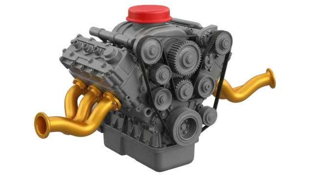 Detailed V8 engine isolated PNG, gray and gold car motor for automotive design and engineering projects on transparent background