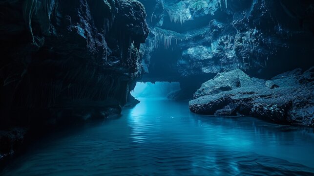 A mysterious cave with illuminated stalactites and a clear lake hides the enigmatic beauty of nature, ideal for creating an atmospheric backdrop for fantasy stories or meditative practices. - Powered by Adobe