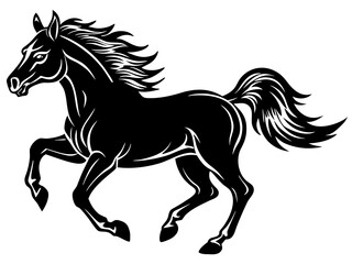 Stylized black horse silhouette galloping with flowing mane and tail