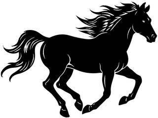 Black silhouette of a galloping horse with flowing mane and tail