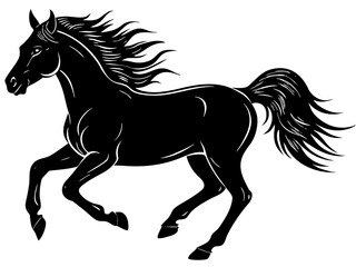 Majestic black horse running with flowing mane and tail