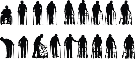 Extensive Silhouettes of Senior Men Using Mobility Aids like Canes, Walkers, and Wheelchairs, Representing Elderly Care, Physical Frailty, Disability, and Accessible Healthcare Services.