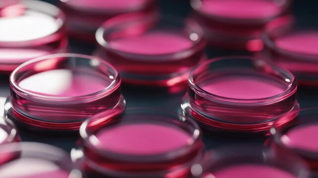 Petri dishes filled with pink agar on a laboratory bench.