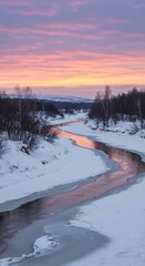 Winter river at sunset with colorful sky