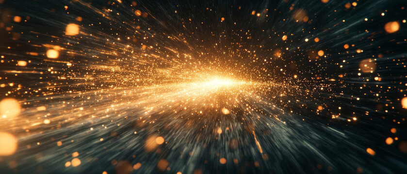 A dynamic explosion of golden sparks and streaks of light against a dark background will create a spectacular atmospheric backdrop for presentations about space or innovative technologies.