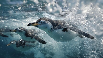 Fototapeta premium Penguins Swimming Underwater - Marine Life in Motion 