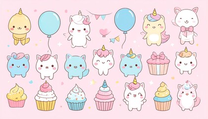 Fototapeta premium Array of cute, cartoon animals, cupcakes, and balloons on a pale pink background in a kawaii style